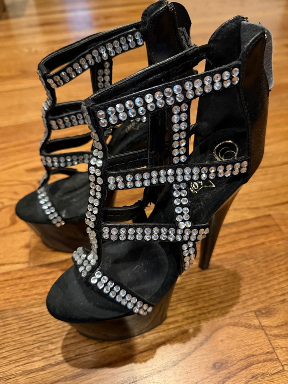Pleaser Black Rhinestone Cage Platform Heels, Size 6